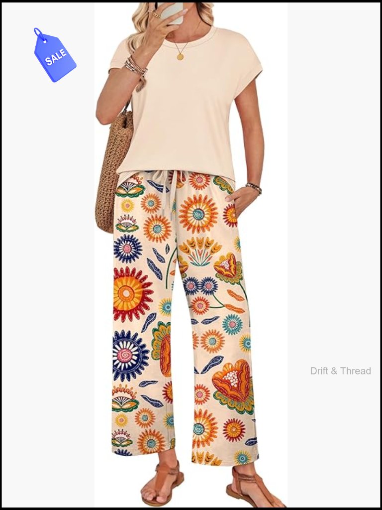 Two Piece Set Wide Leg Pants Loose Fit Polyester Rayon Travel Outfit